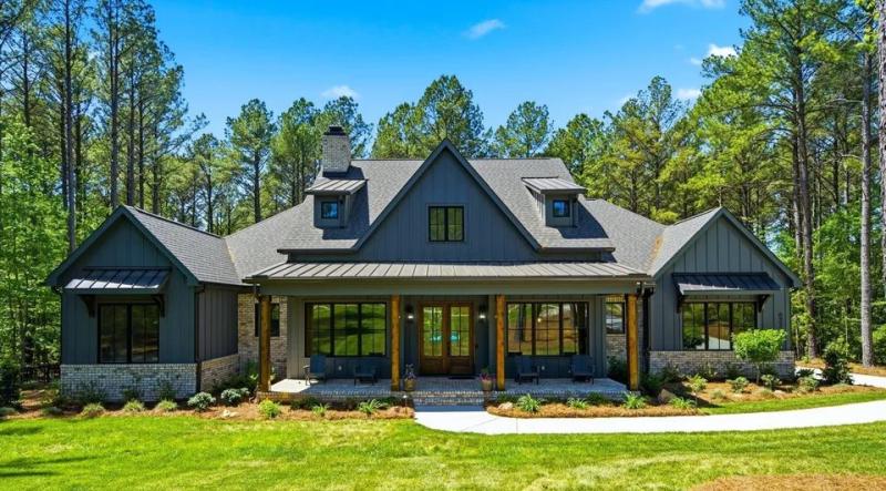 Farmhouse with board-and-batten siding front elevation