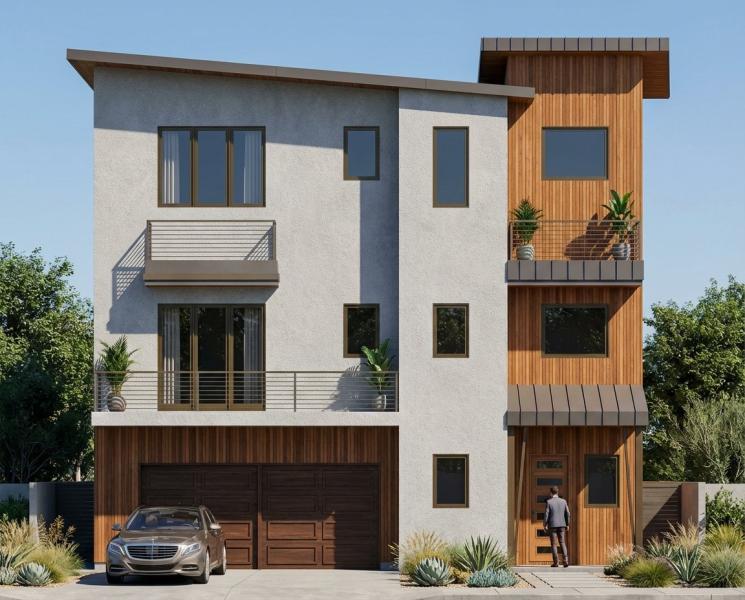Modern ember stone and wood townhome elevation