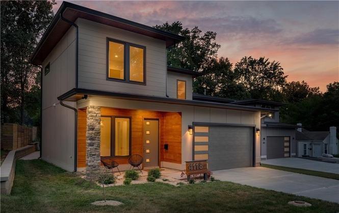 Modern prairie-style home at dusk